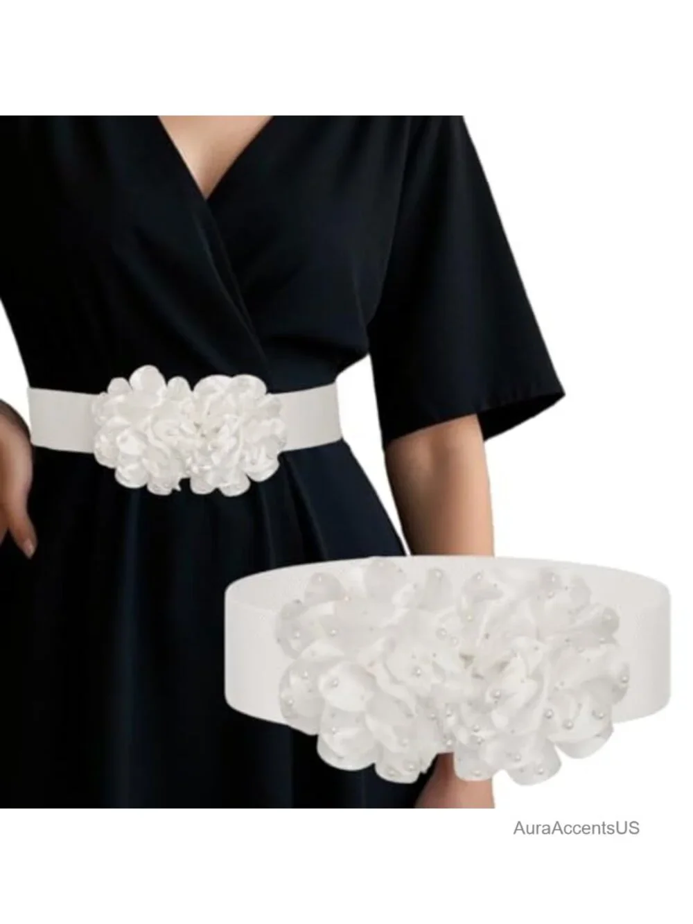 Stretchy Wide Elastic Belt with Pearl Flower Design for Women
